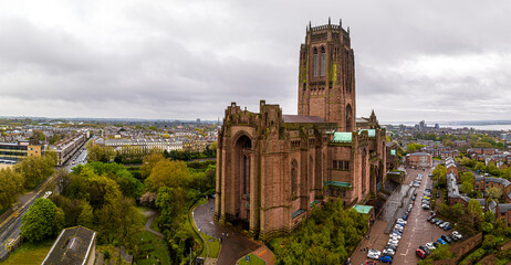 Aerial view of the Liverpool Cathedral, the seat of the Bishop of Liverpool and the biggest cathedral in Britain - obrazy, fototapety, plakaty