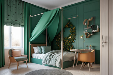 Modern minimalistic interior of the childrens room, green, white and golden colors. Super photo realistic background, generative ai illustration.