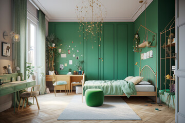 Modern minimalistic interior of the childrens room, green, white and golden colors. Super photo realistic background, generative ai illustration.