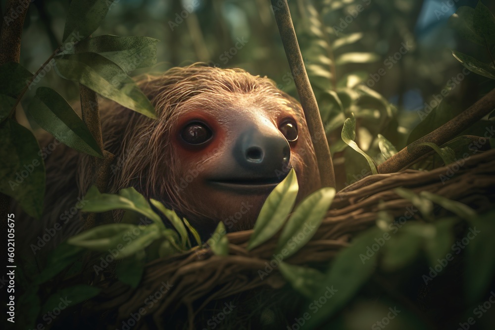 Poster a close-up picture of a sloth hanging out in a tree. generative ai