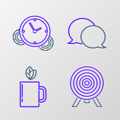 Set line Target, Cup of tea and leaf, Speech bubble chat and Time Management icon. Vector