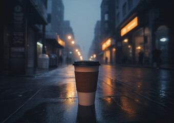 Paper coffee cup on a blurred city street background with lights in the evening