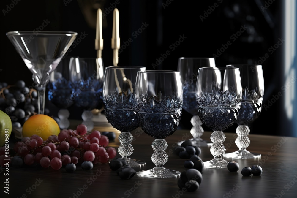Aufkleber a number of wine glasses arranged in a cluster on a table made of wood generative ai