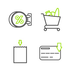 Set line Credit card, Paper shopping bag, Shopping cart and food and Signboard hanging with inscription discount percent icon. Vector