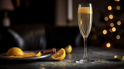 Champagne Cocktail elegantly presented in a flute glass with lemon. Fresh summer cocktail with fruit aesthetic look. Realistic 3D illustration. Generative AI