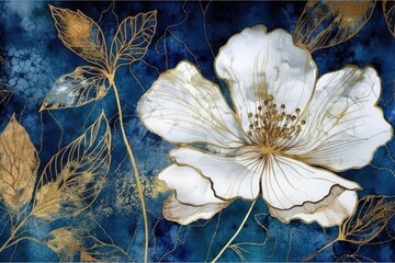 The wallpaper features a large botanical flower in an alcohol ink style on a navy blue background with white and gold accents. (Generative AI)
