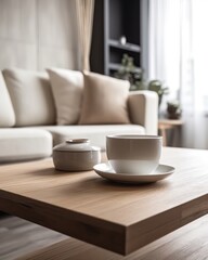 A white coffee cup sits on a wooden table with living room backdrop. (Generative AI)
