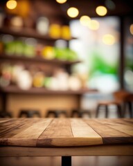 Naklejka na ściany i meble A blurred cafe background with a wooden table ideal for display or decor. (Generative AI)