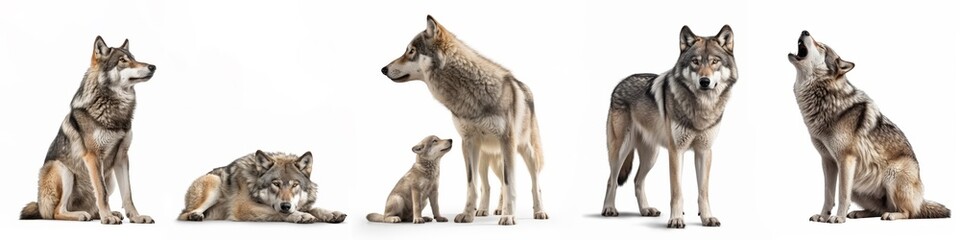 Wildlife animals wolves banner panorama long - Collection of standing, sitting, howling, lying group of wolf family with young baby, isolated on white background, Generative Ai - obrazy, fototapety, plakaty