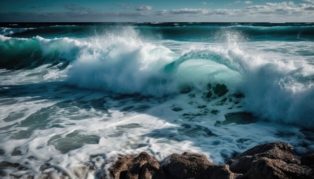 The ocean has foamy waves rolling up. (Generative AI)