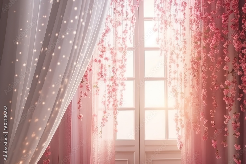 Poster a curtained window with a few pink flowers attached to it. generative ai