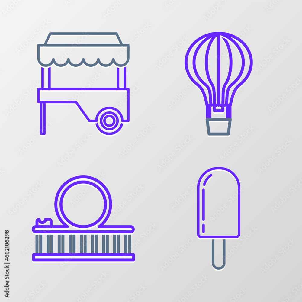 Poster Set line Ice cream, Roller coaster, Hot air balloon and Fast street food cart with awning icon. Vector