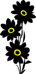 graphic drawing silhouette of three black flowers without background, isolated element