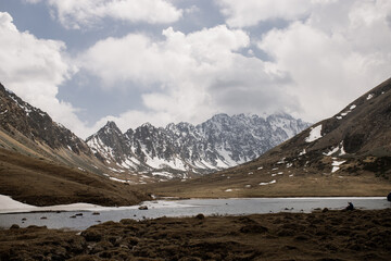 Alpine Lake Framed by Snowy Peaks