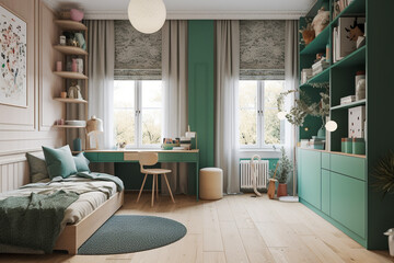 Fototapeta premium Modern minimalistic interior of the childrens room, green, white and golden colors. Super photo realistic background, generative ai illustration.