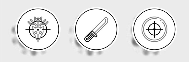 Set line Target sport for shooting competition, Hunt deer with crosshairs and Hunter knife icon. Vector