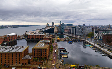 Aerial view of a Liverpool Waterfront, a lively cultural hub on the River Mersey, England