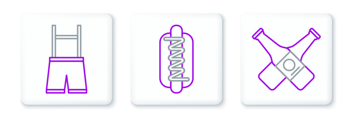 Set line Crossed beer bottle, Lederhosen and Hotdog sandwich with mustard icon. Vector