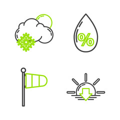 Set line Sunset, Cone meteorology windsock wind vane, Water drop percentage and Cloud with snow and sun icon. Vector