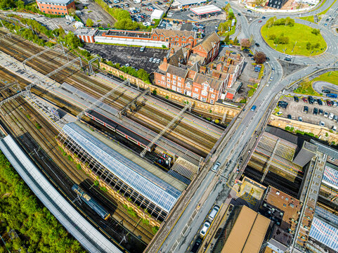 Aerial view of the town of Crewe, a railway town and civil parish in the unitary authority of Cheshire East in Cheshire, England