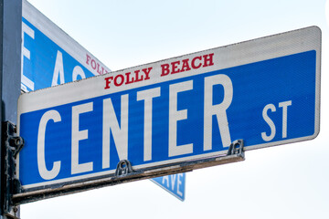 Street sign of Center Street on Folly Beach in Charleston County in South Carolina.  Center street is the main street that goes through Folly Beach.  