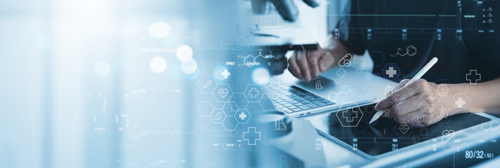 Medical Research, Health technology, Healthcare and medicine concept. Technician using digital...