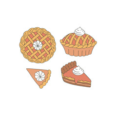 Pumpkin pie cake vector clip-art set isolated on white. Autumn bakery hand drawn illustration collection. Happy Thanksgiving Day treats design elements