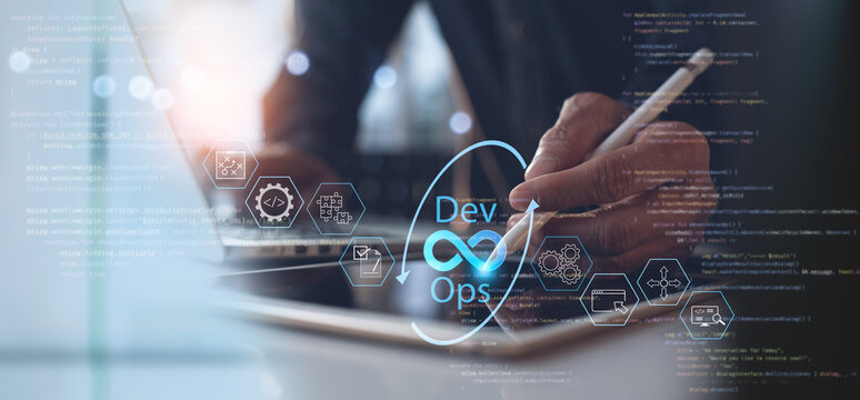 DevOps software development and IT operations, software engineer, project manager working in agile methodology, dev ops icon and javascript. Development Operations programming technology concept
