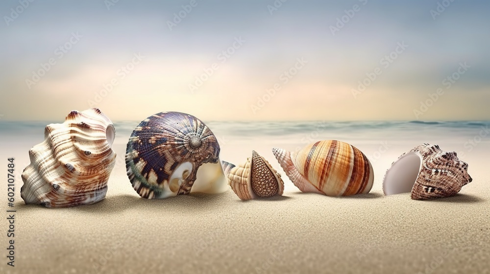 Poster a line of seashells arranged in a row on the sandy beach generative ai