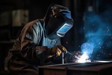 Welder worker welding with argon machine. Ai generative.