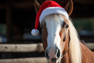 horse in Santa hat. Horse in Christmas hat looks at place for text. Symbol of the year. chinese horoscope. Calendar. New year 2024. Holiday, december, Merry Christmas, Happy New Year. Santa claus cap © MonkeyART
