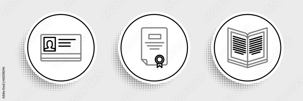 Aufkleber set line open book, identification badge and certificate template icon. vector