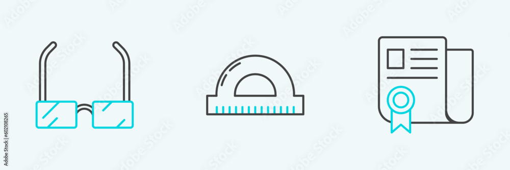 Poster set line certificate template, glasses and protractor grid for measuring degrees icon. vector