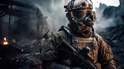 Brave Soldier in Futuristic War Scenery: Fighting in a High-Tech Battlefield, Generative AI