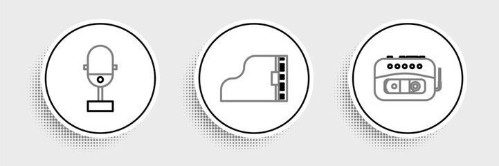 Set line Music tape player, Microphone and Grand piano icon. Vector