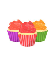 Cute Colorful Three Cupcakes Decorated with Sprinkles Transparent Clipart