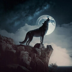 dramatic portrait of a majestic wolf howling at the moon - generative ai image