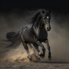 Obraz na płótnie Canvas dramatic portrait of a majestic black stallion running - generative ai image