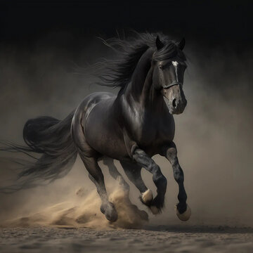 dramatic portrait of a majestic black stallion running - generative ai image