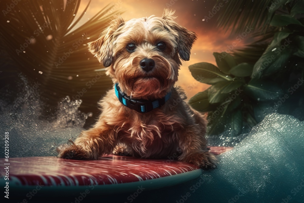 Poster a dog riding the waves on a surfboard when it's submerged in water generative ai