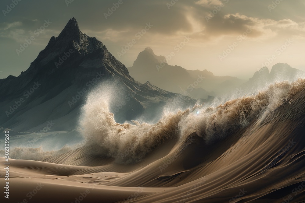 Poster a picture depicting a massive wave in the middle of the desert generative ai