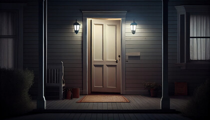 Exterior of luxury home in evening, entrance door © PaulShlykov