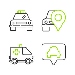 Set line Map pointer with taxi, Ambulance and emergency car, and Taxi icon. Vector