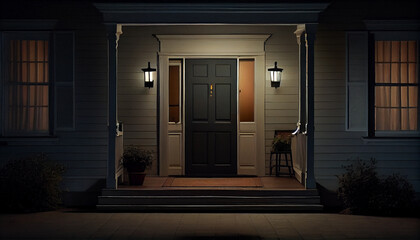 Exterior of luxury home in evening, entrance door