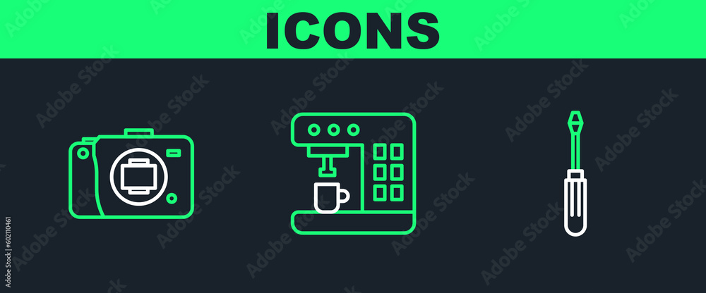 Sticker Set line Screwdriver, Mirrorless camera and Coffee machine icon. Vector