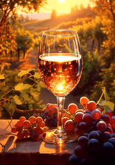 A glass of wine among the grape bushes in the rays of the setting sun.