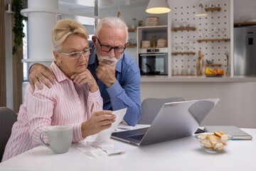 Worried senior couple checking their bills and receipts sitting at home with laptop. Frustrated elderly husband and wife having problems with finances or struggling with paying the bills online - 602110618