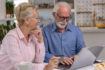 Excited and happy elderly couple shopping online from home using computer, smartphone and credit card. Modern technologies and retirement concept.
