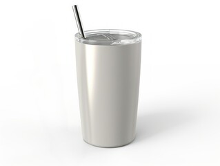 Grey stainless steel sublimation blank tumblers with straw, product shot, isolated on a plain white background. Metal glass and plastic cup, thermos and shaker design. Generative AI illustration.