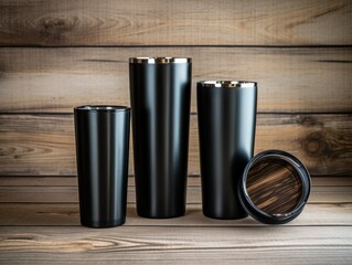 Black stainless steel sublimation blank tumblers with straw, product shot, wooden background. Metal glass and plastic cup, thermos and shaker design. Generative AI illustration.